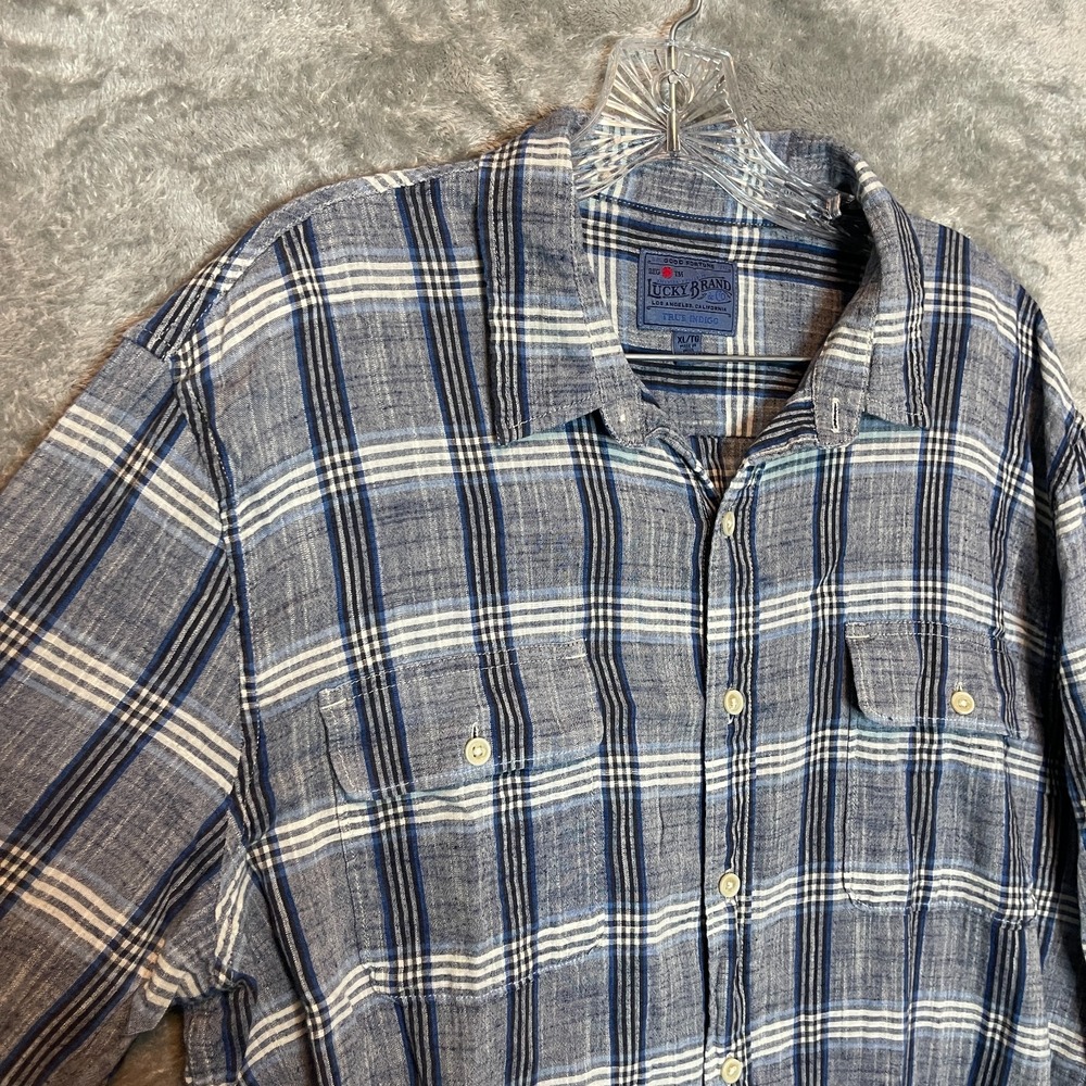 Lucky Brand Men Plaid Button Up Shirt XL True‎ Indigo Blue Lightweight Cotton